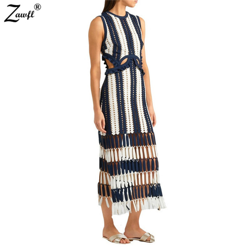 

ZAWFL women high quality designer brand runway dresses ladies hollow out lace tassel slim long vestidos 210525, Picture color