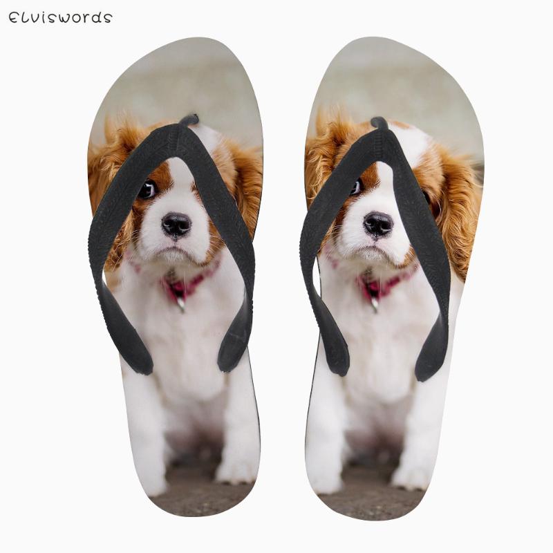 

ELVISWORDS Summer Women Soft Rubber Flip Flops Cute King Charles Spaniel Casual Slippers for Ladies Non-slip Women's Flipflops, Black