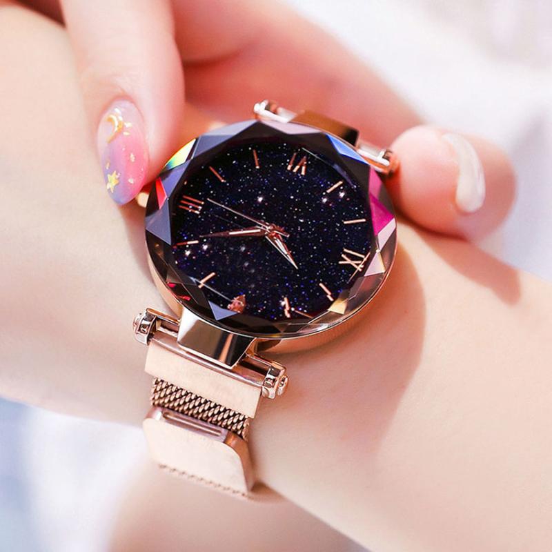 

Wristwatches Luxury Women Watches Fashion Elegant Magnet Buckle Rose Gold Ladies Wristwatch Starry Sky Roman Numeral Girl Gift Clock, Slivery;brown