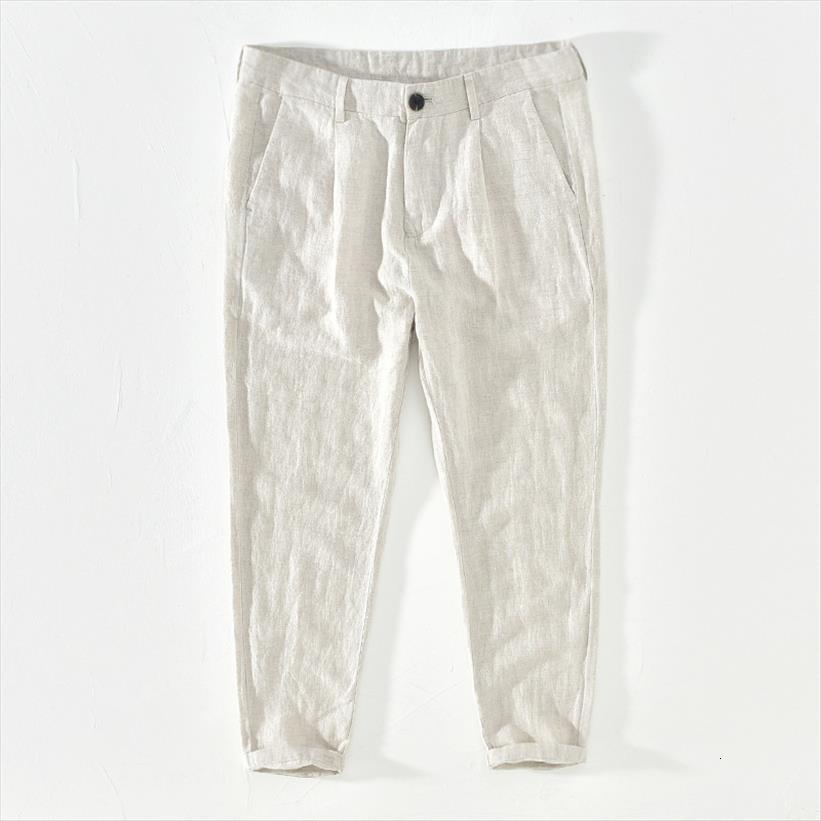 

summer casual ankle length natural women pant pure linen trousers solid gray button fly man pencil y2503, Black