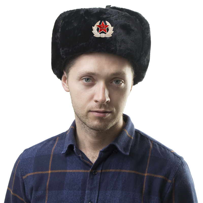 

Soviet Badge Russia Ushanka Men Winter Bomber Hats Pilot Faux Fur Earflap Trapper Trooper Hat Russian National Emblem Snow Hatsg, Black no badge