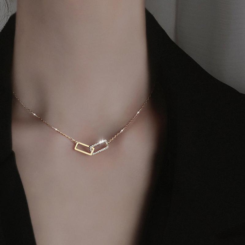 

Chains 1 Pcs Choker Double Square Minimalist Cubic Zirconia Pendant Necklace Chain Women Jewelry