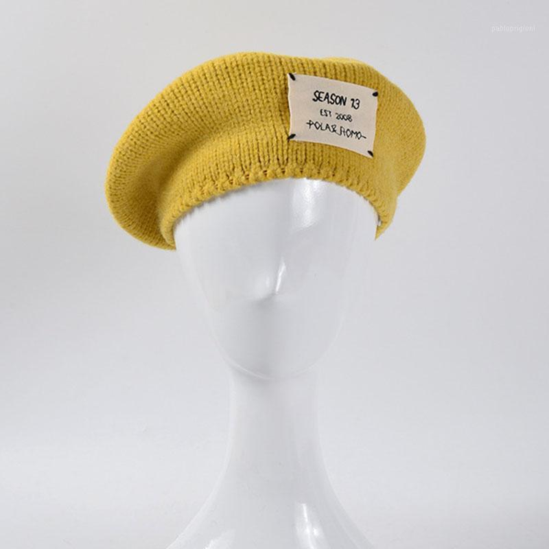 

Wholesale 14 Candy Colors Knitted Beret For Women Letter Label Woollen Painter Hat 2021 Trend Korean Autumn Winter Cap Berets, Black