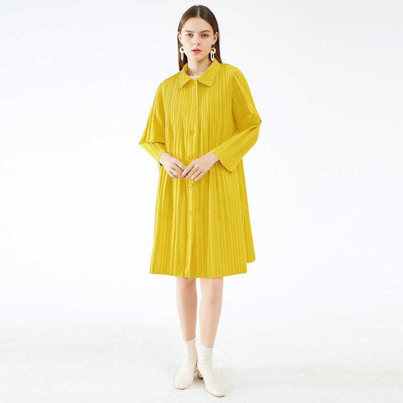 

Women's Trench Coats Coat Women Plus Size Autumn Winter Miyake Pleated Chic Single Breasted Turn Down Collar Long Sleeves Female, Yellow