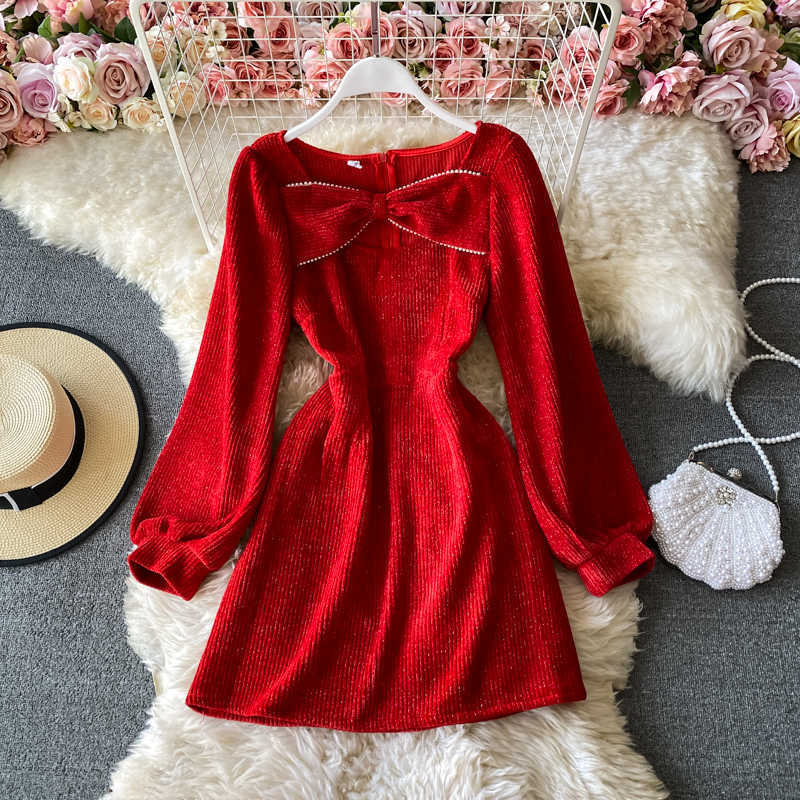 

LY VAREY LIN Spring Autumn Women High Waist Thin A-line Short Dress Bowknot Square Collar Puff Sleeve Velvet 210526, Blue