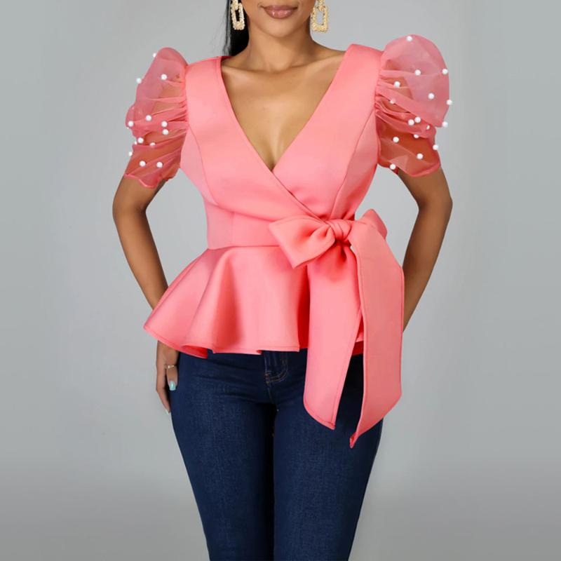 

Women's Blouses & Shirts Beading Puff Sleeve Pink Bloues Tops Summer African 2021 Sexy Party Dinner Club Femme High Waist Lace Up Lady, Black