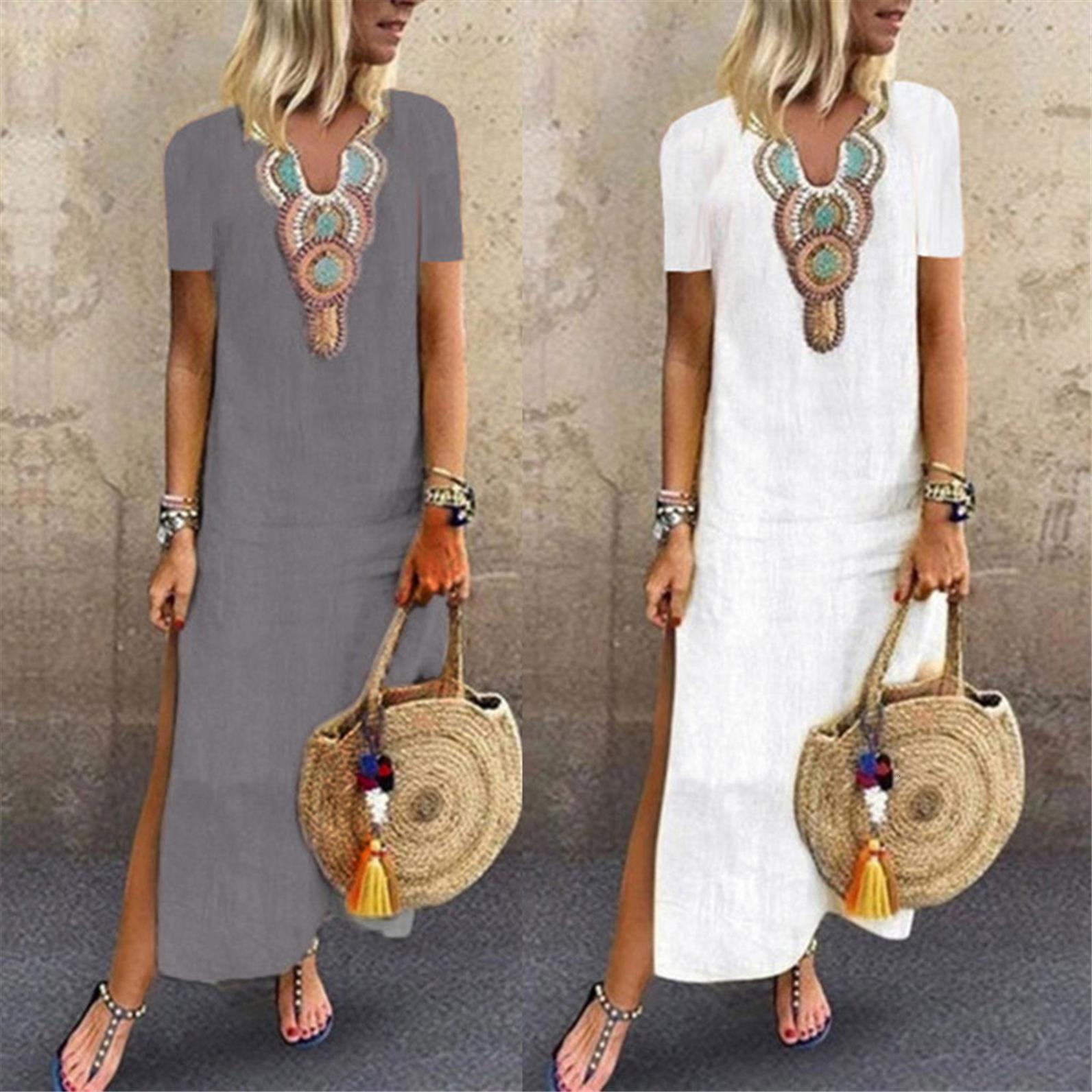 

print v neck plus size women dresses boho split short sleeve maxi dress female large loose long robe t, Black;gray