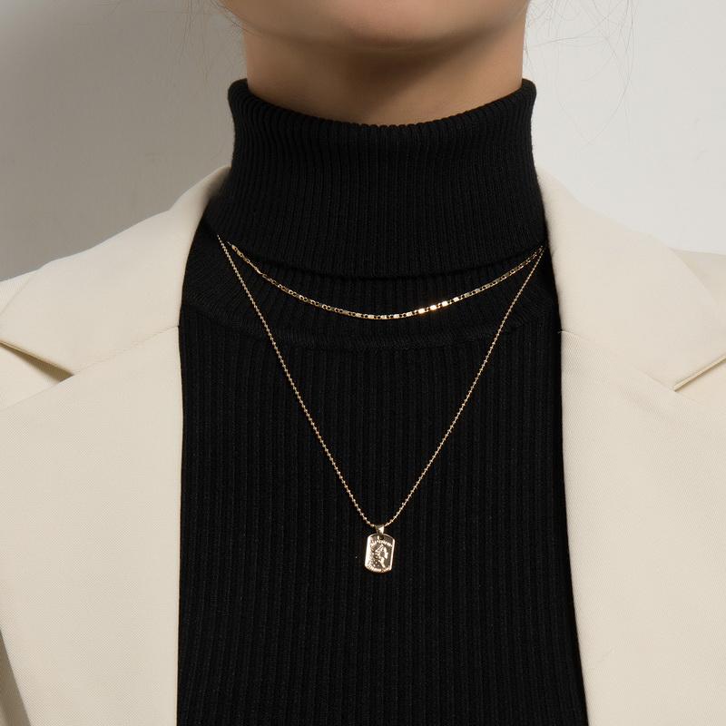 

Pendant Necklaces Simple Elegant Beaded Chains Square Goddess Necklace For Women Vintage Double Layers Geometric Sweater Jewelry