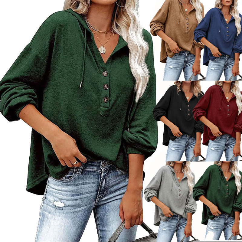 

2021 new women's loose v-neck long sve sweater button bat sve sports hoodie, Black
