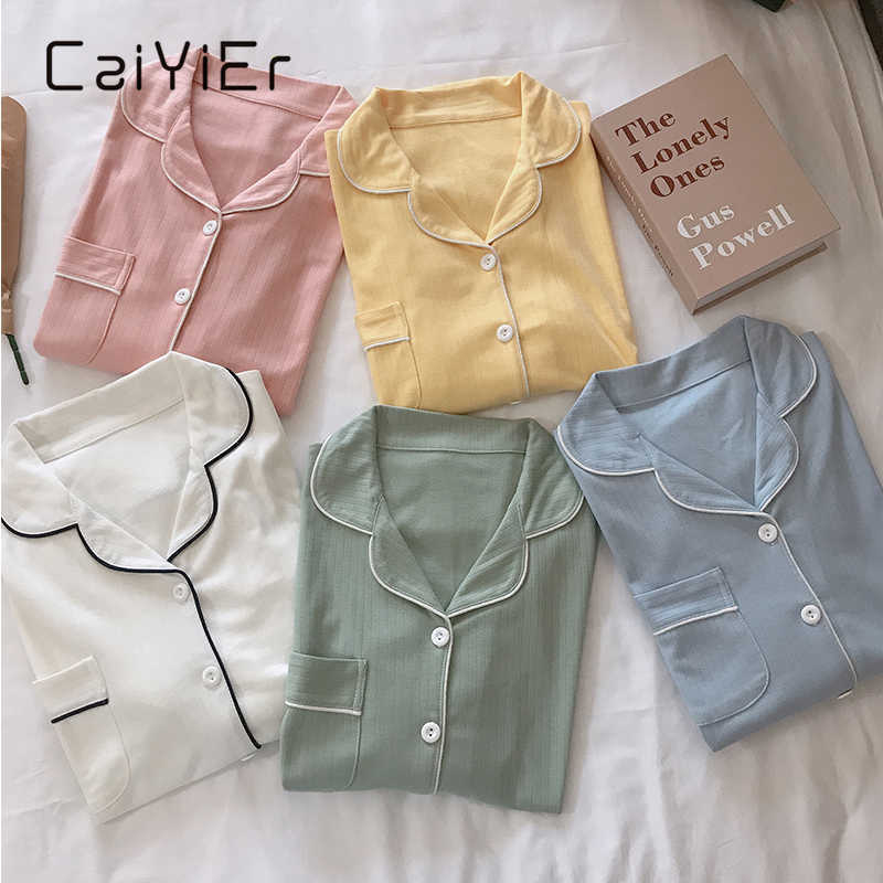 

CAIYIER Women's Pajamas Sets Pure Color Femme Nighty Winter Thick Casual Sleepwear Cotton Girls Turn-down Collar Cute Nightwear 210708, 1501-5