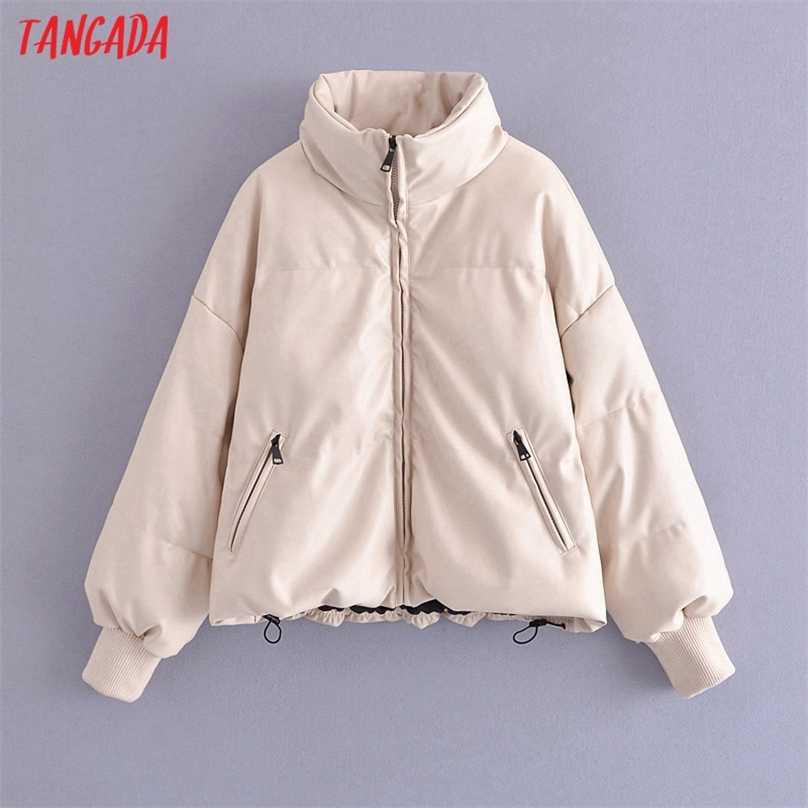 

Tangada Women Solid Oversize Faux Leather Parkas Thick Winter Zipper Pockets Female Warm Elegant Coat Jacket QN174 211018, Beige
