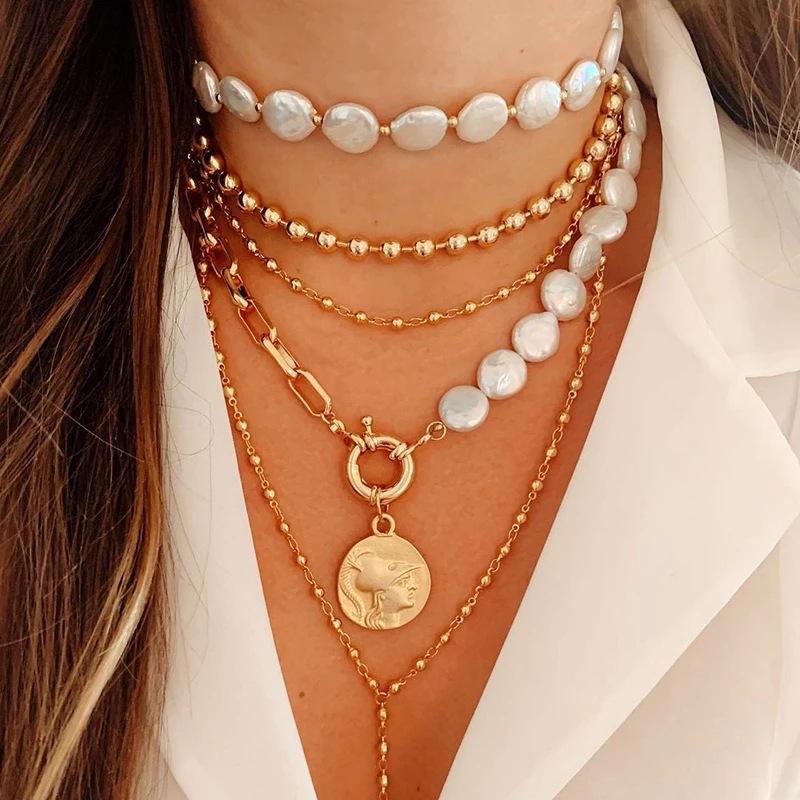 

Chokers Rainbery Vintage Multi Layered Women's Necklace Pearl Round Portrait Gold Chain Bohemian Pendant Necklaces 2021 Jewelry