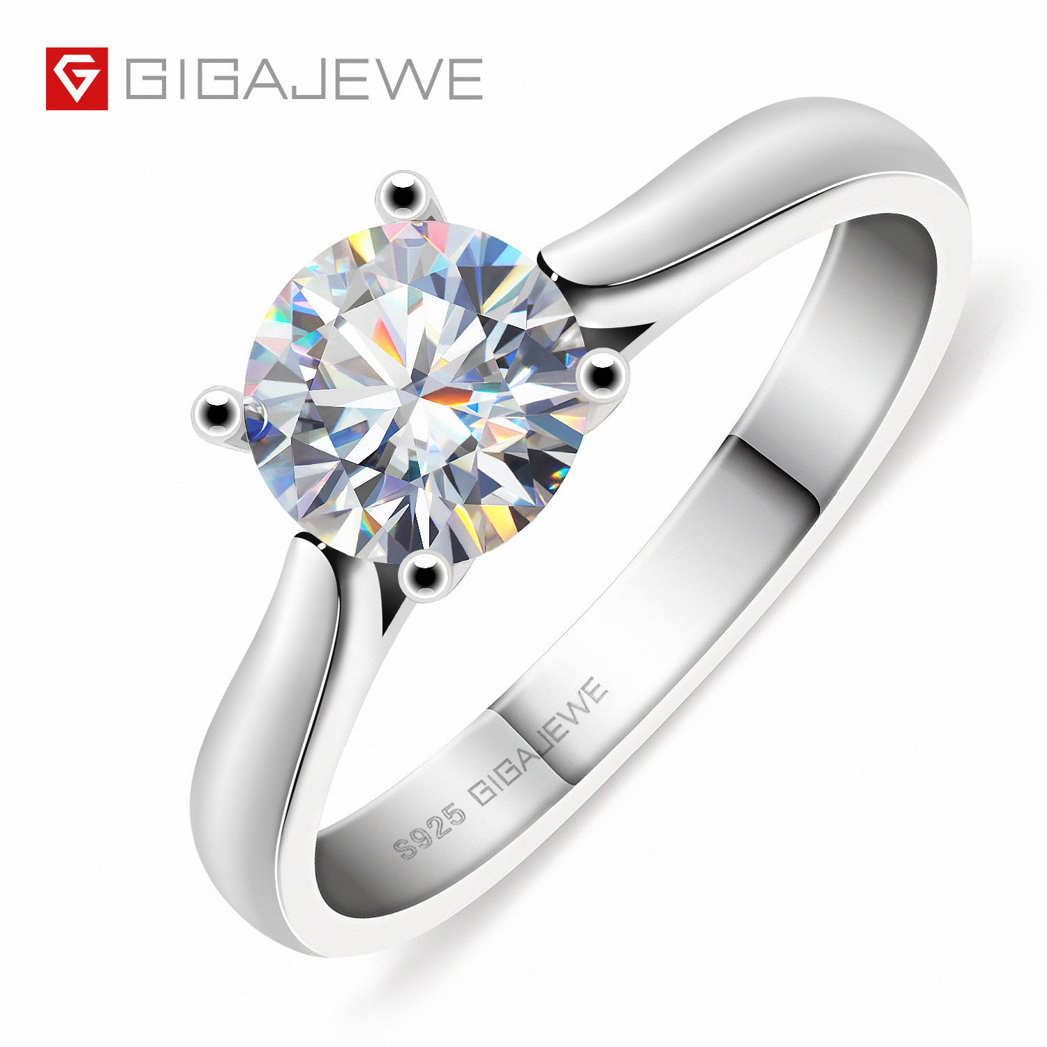 Gigajew 1CT 6.5mm rotondo taglio EF VVS1 Moissanite 925 anello d'argento anello diamante Test superato moda artiglio impostazione Donne Girlfriend Gift GMSR-038
