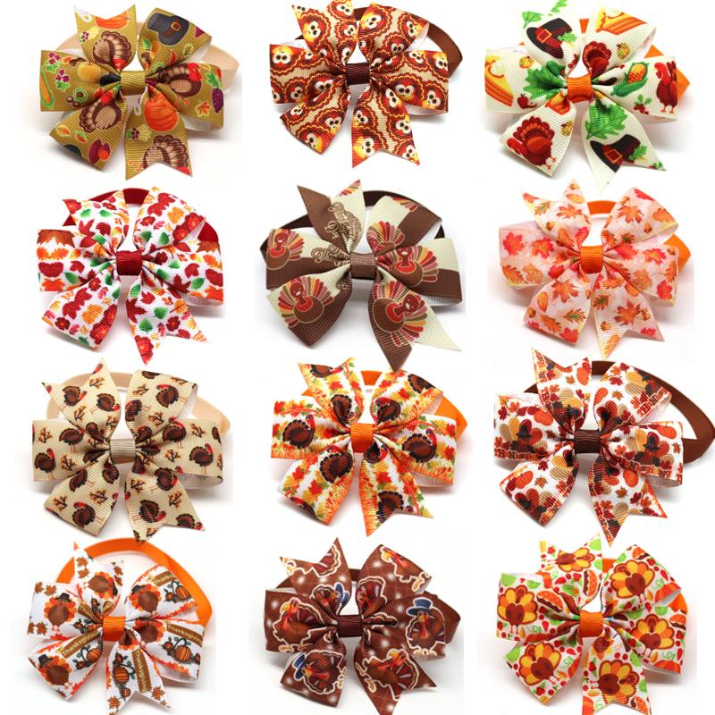 

50/100pc Fall Dog Bows Thanksgiving Pet Bow Tie Small Bowties Turkey Accessories Supplies Products Apparel, Mix colour