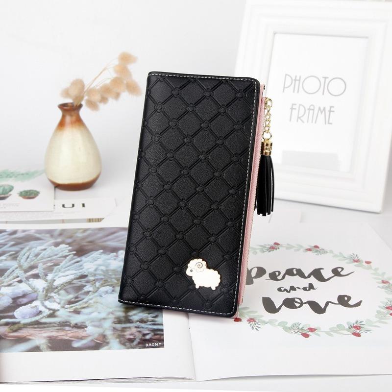 

Women Multifunctional Buckle Card Holder Long Wallet Small Sheep Tassel Zipper Trendy Clutch Bag Purse Wallets, Red;black