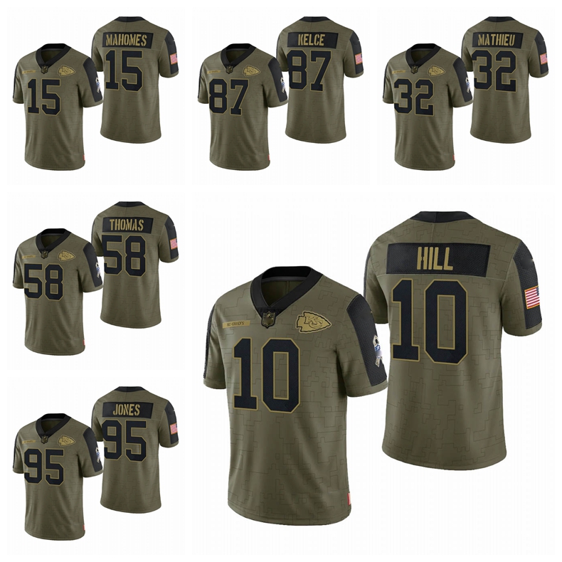 

KansasCityChiefsMen Women Youth 15 Patrick Mahomes 87 Travis Kelce 58 Derrick Thomas 10 Tyreek Hill 2021 Salute To Service, Black;red