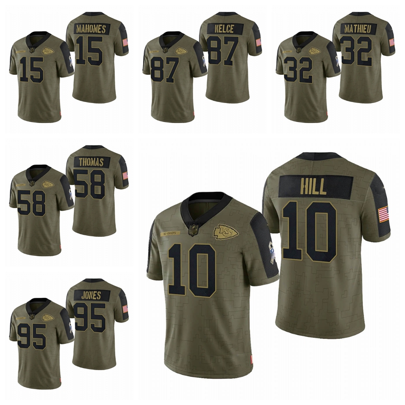 

KansasCityChiefsMen Women Youth 15 Patrick Mahomes 87 Travis Kelce 58 Derrick Thomas 10 Tyreek Hill 2021 Salute To Service Limited Football Jersey Olive