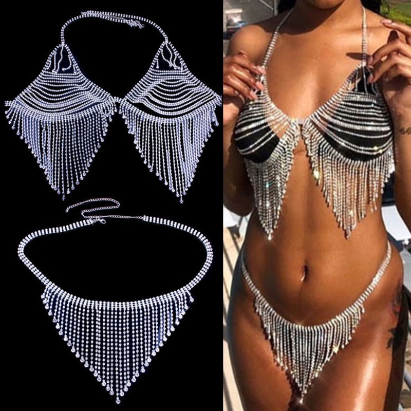 

Women Sexy Rhinestone Body Chain Bikini Set Crystal Tassel Bra Panties Underwear, White;black
