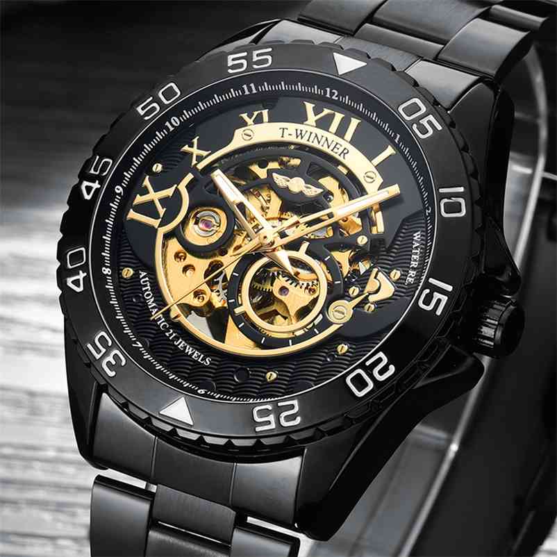

Brand Luxury Mechanical Men Watches Skeleton Automatic Gold Masculino Waterproof Self-winding Clock Stainless Steel Hombre 210608, Black gold