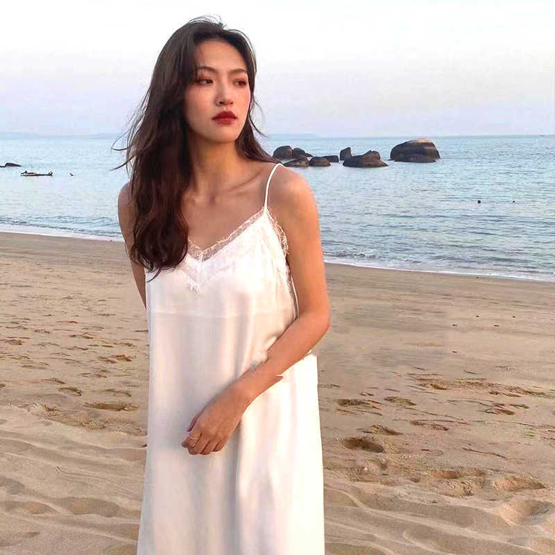 Suspender Skirt in 2021 Summer with Satin Medium Length Drs V-neck Petticoat Underdrs Lace Nightgown-image-702010597