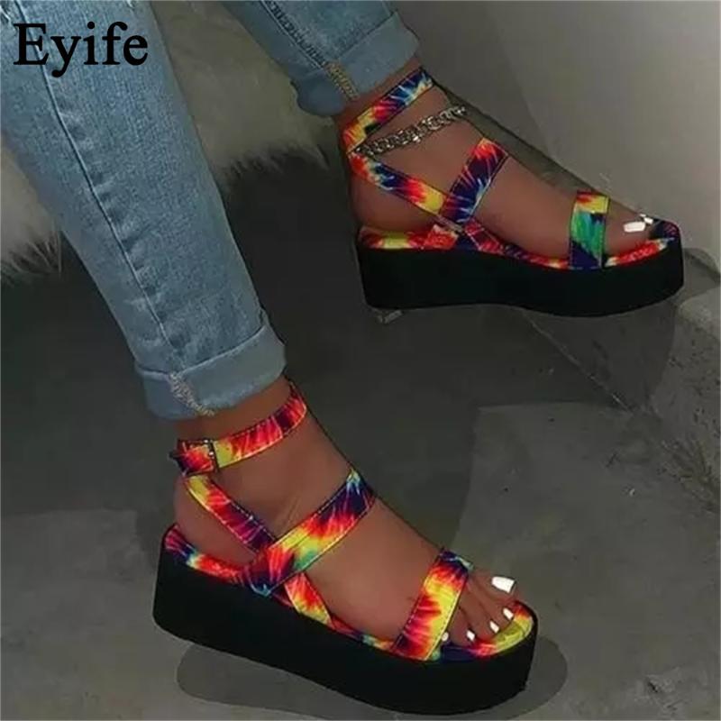 

Women Platform Sandals 2021 Summer Rainbow Color Buckle Ladies Dress Shoes Thick Bottom 36-43 Female Casual Beach, Black