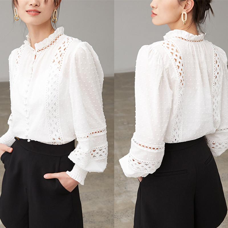 

Women' Blouses & Shirts White Blouse Women Lace Hollow Out Lantern Sleeve Single Breasted 2021 Ladies Spring Summer
