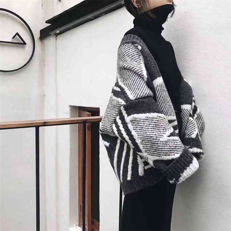 

Color Matching Coat Korean Students Winter Warm Chic Retro long-sleeve Cardigan Harajuku Wind Knit Women Sweater 210519, Gray