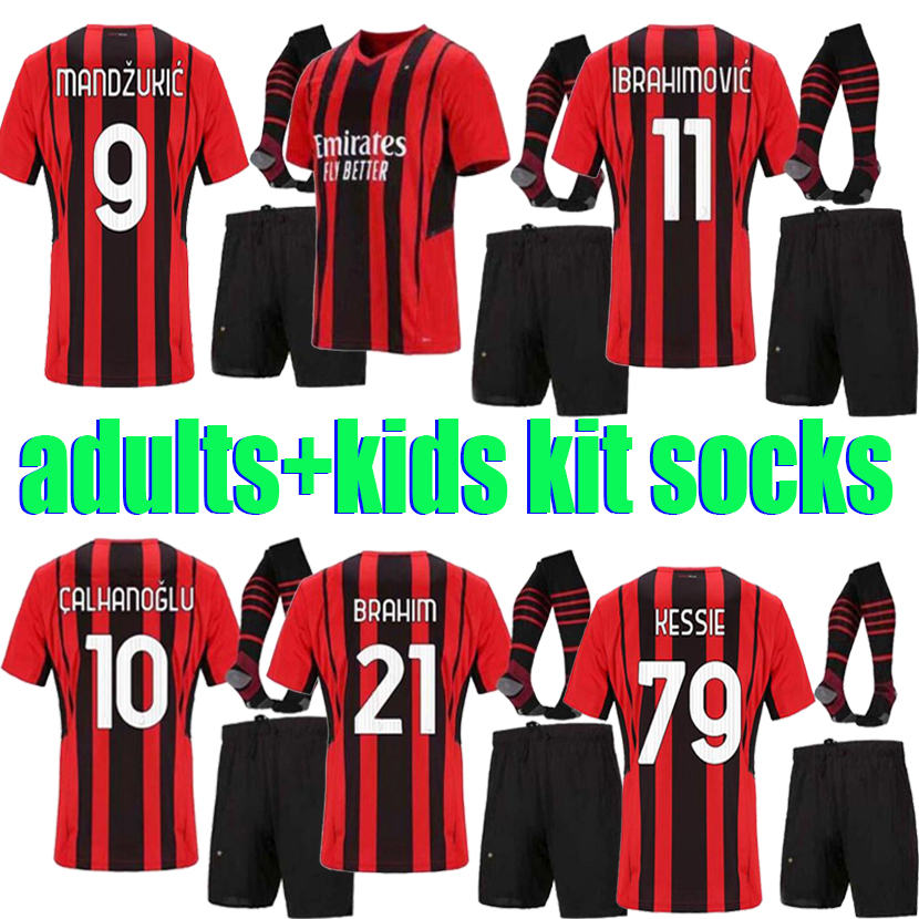 

2021 2022 AC Soccer milan IBRAHIMOVIC soccer jersey 21 22 TONALI Mandzukic Kessie brahim BENNACER THEO REBIC LEAO adults+kids socks kit football shirt, Grey