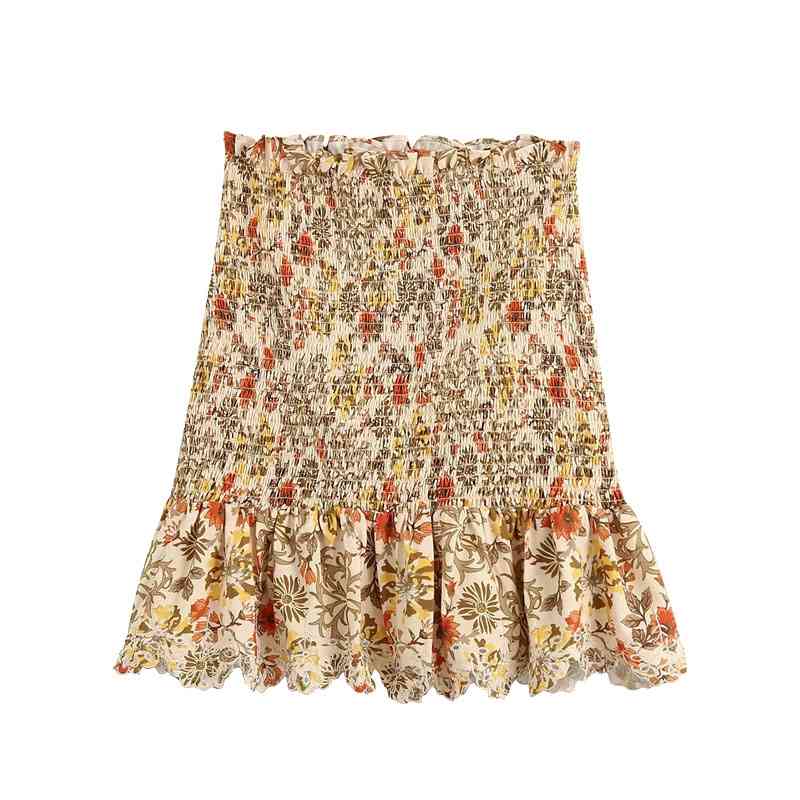 

Women Fashion Floral Print Ruffled Mini Skirt Vintage Chic Elastic Waist Hollow Out Embroidery Skirts Jupe Femme 210520, As picture