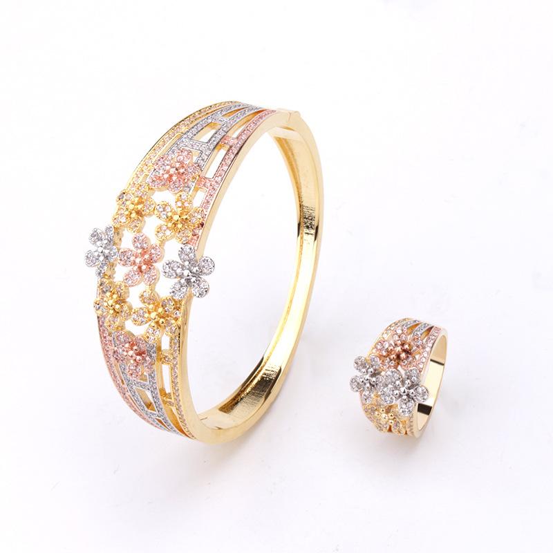 

Bangle Fashion Small Luxury Women's Three-color Electroplating Plum Bracelet Temperament Micro-inlaid Zircon Flowers Ring Set