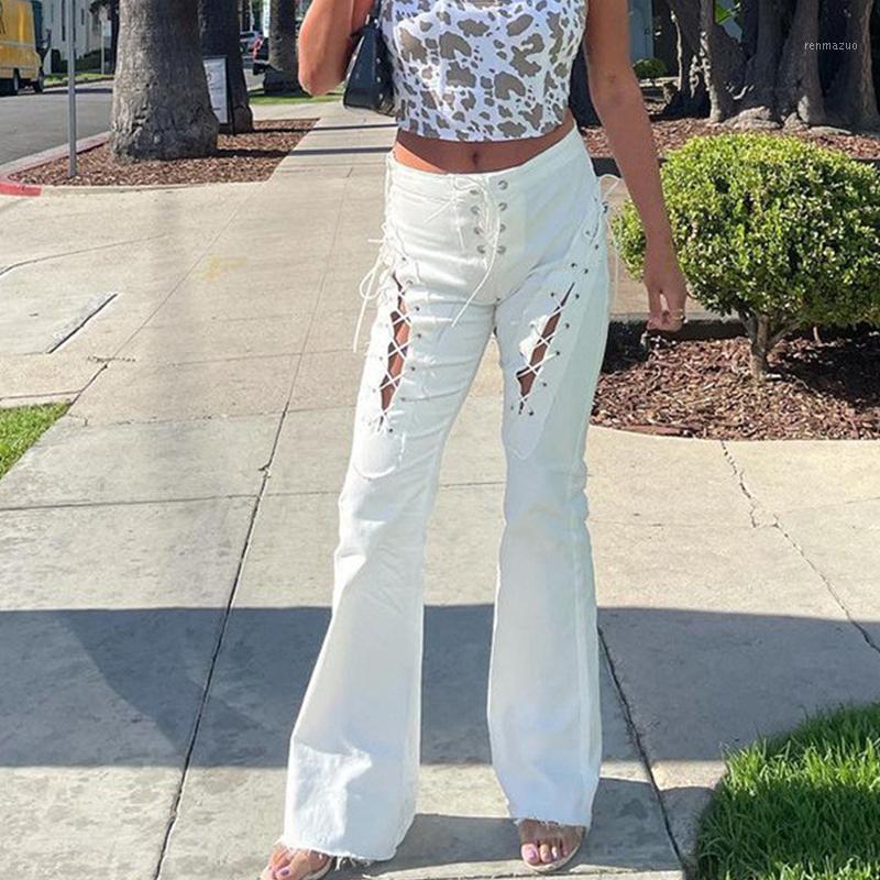 

Women's Pants & Capris Female Summer Fall Fashion Streetwear Bottoms Clothes Solid Color High Waist Lace-up Cutout Hollow Straight Long Trou, Black;white