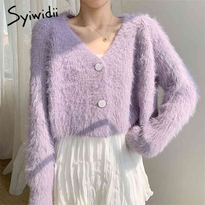 

mohair cropped cardigan sweater women street style V neck korean top solid casual knitted winter clothes 210607, Black