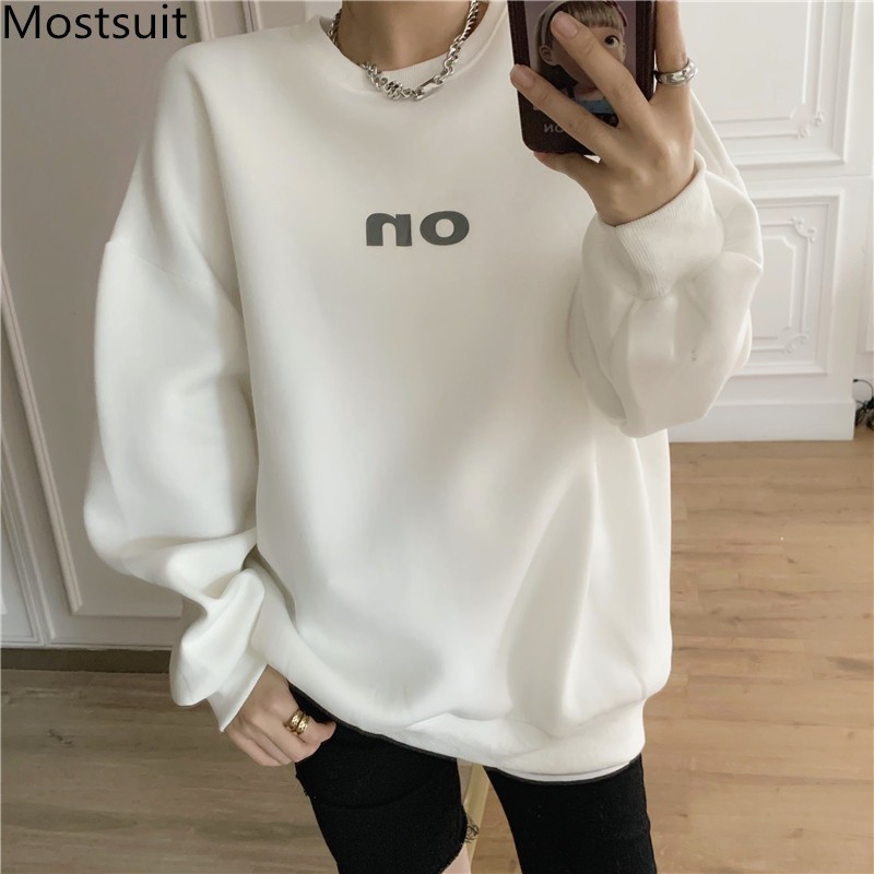 

Thick Letter Printed Korean Sweatshirt Women O-neck Full Sleeve Casual Fashion Pullover Solid Basic Loose Female Tops 210518, Red