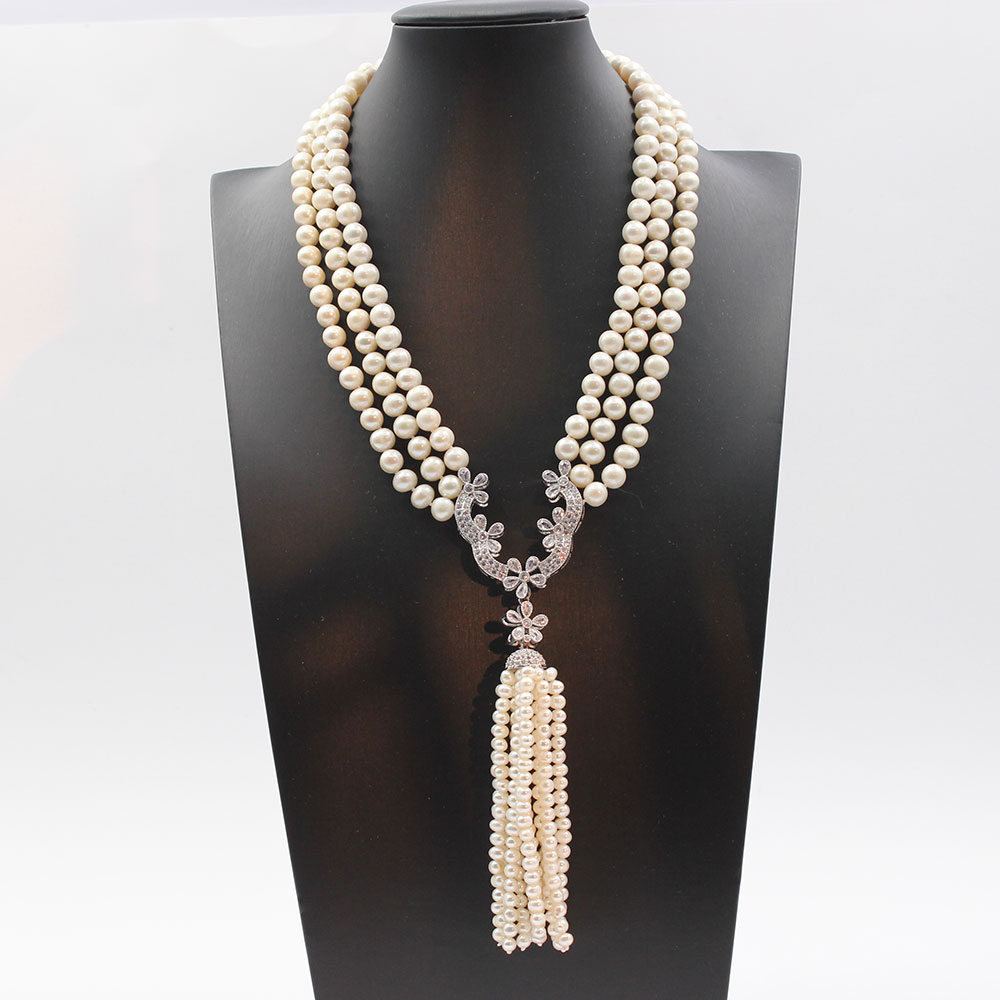 GuaiGuai Jewelry Natural 3 Strands Freshwater Cultured White Pearl Necklace CZ Cubic Zirconia Pave Pendant Handmade For Women-image-737021406