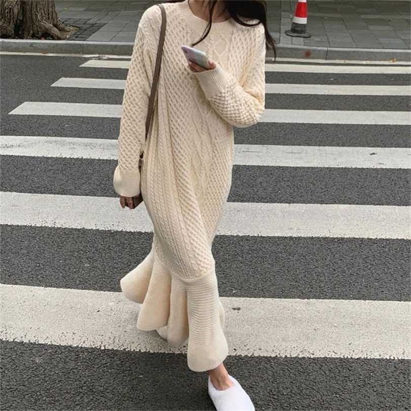 

Fashion Women Autumn Winter Sweater Dress Loose O-Neck Warm Long Female Full Sleeve Knitted Mermaid Vestidos DS213 211109, Red