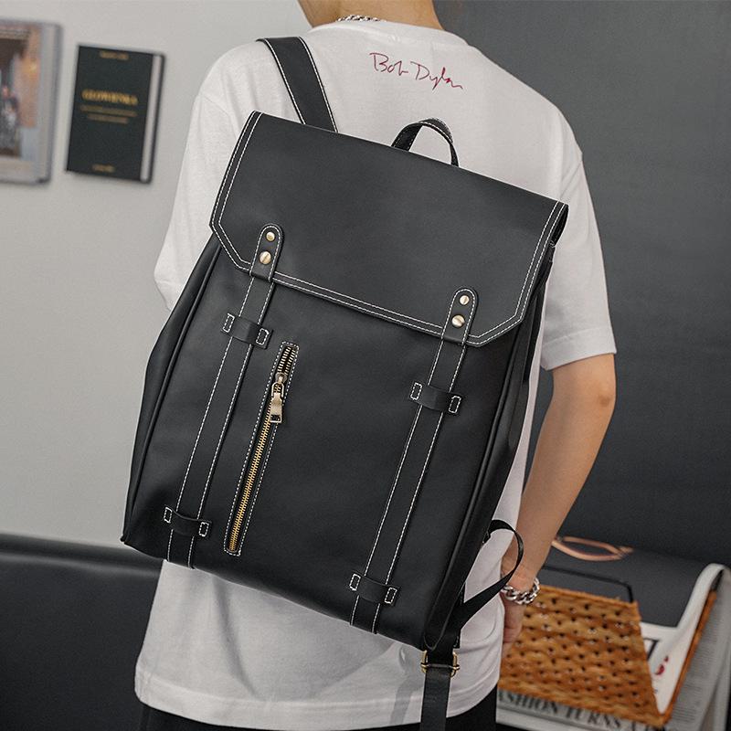 

Backpack Vintage High Quality Men PU Leather Backpacks Male Fashion Multifunction Travel 15.6 Inch Laptop Bag, Black