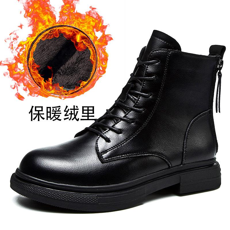 

Plus Size Platform Warm Plush Zipper Winter Boots Solid Black Leather Female Lace Up Ankle For Women Shoes Woman