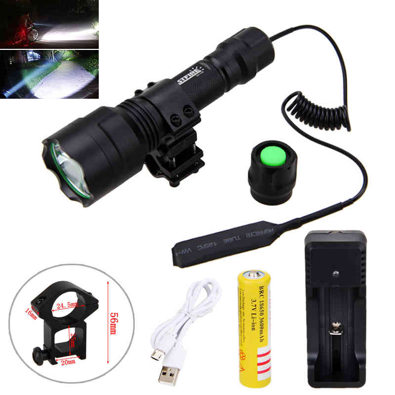 

Tactical Hunting Torch T6 White LED Light Hunting Flashlight+Rifle Mount +Remote Pressure Switch+1*18650 Battery+USB Charger 210322