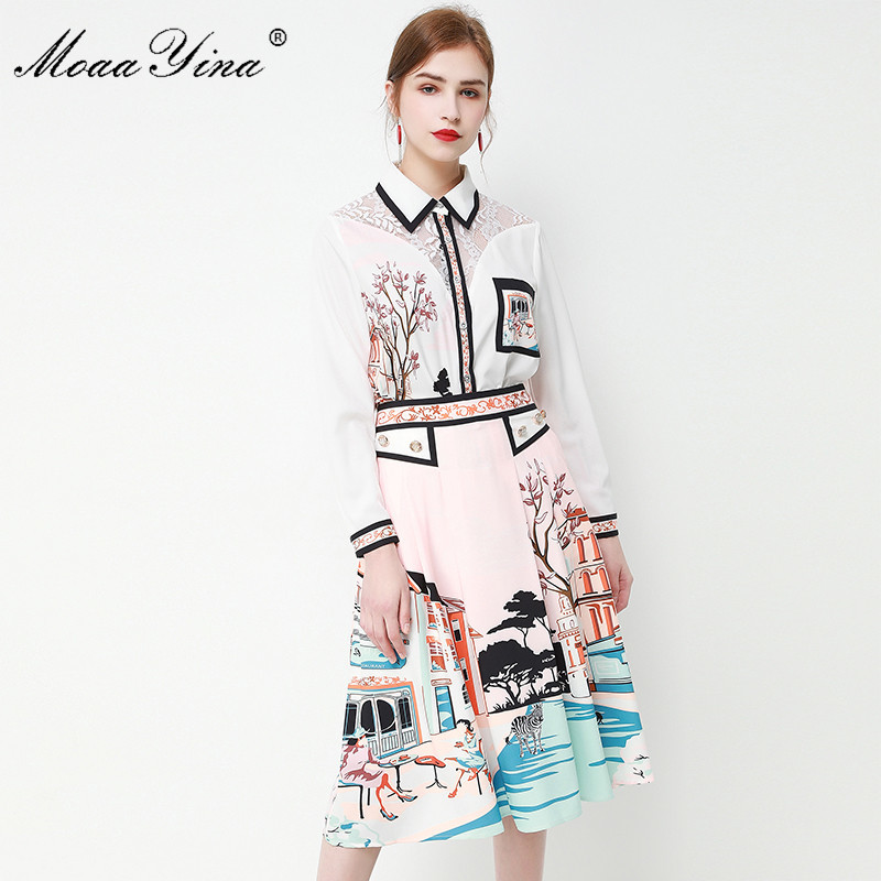 

Fashion Designer Set Women Long sleeve Lace Patchwork Shirt Tops+Knee-Length Skirt Print Two-piece set 210524, Multi