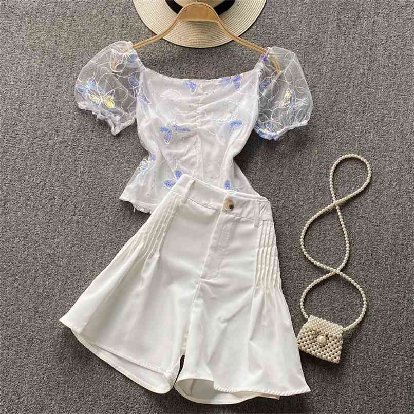 

High waist Fold Wide-leg Shorts Two-piece Set Women Summer quality Sequins Butterfly Embroidery Puff sleeve Mesh Tops Suits 210602, White