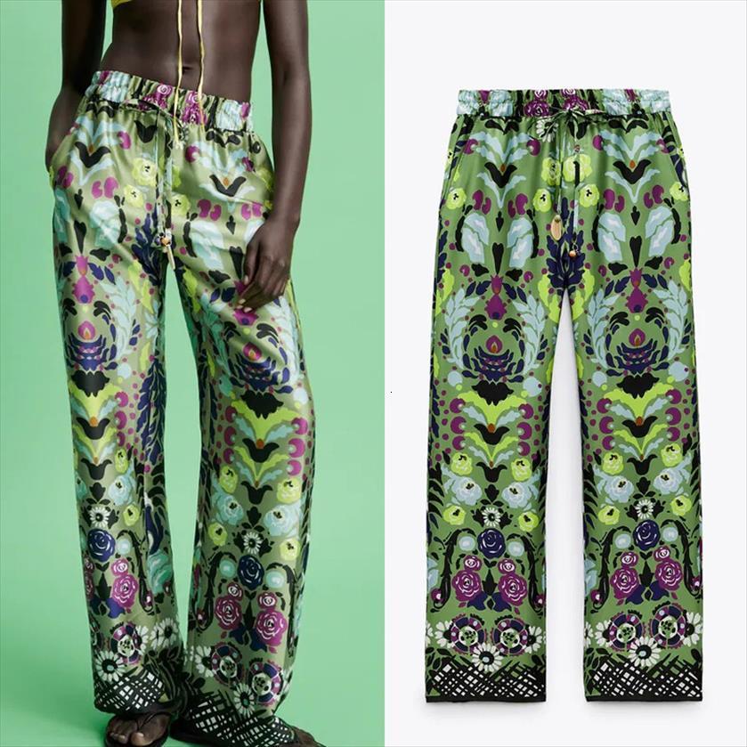 

pseewe za green high waist womens pant vintage print elastic loose woman streetwear trousers, Black;white