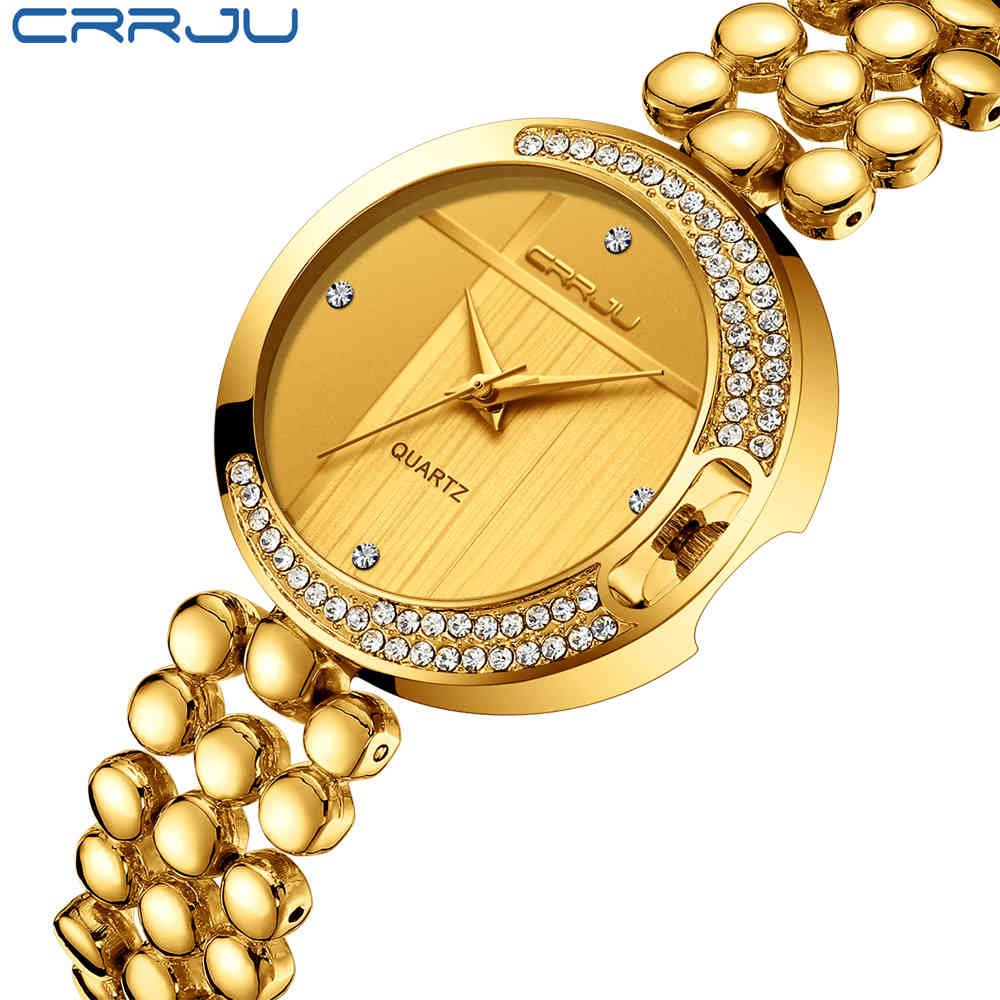 

CRRJU Fashion Women's Wrist Watches with Diamond Golden Watchband Top Luxury Brand Ladies Jewelry Bracelet Clock Female Gift 210517, Gold