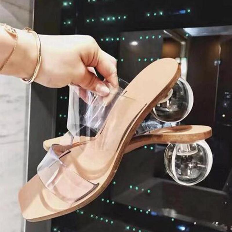 

Slippers Transparent Clear Crystal Ball Med Heel Women PVC Peep Toe Summer Sandals Fashion Design Slides Outdoor