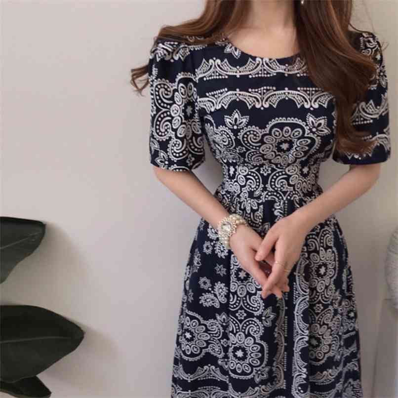 

Retro Ethnic Print Round neck Backless Long Dress Women Summer O-neck Short Sleeve Sashes Bow 210602, Black
