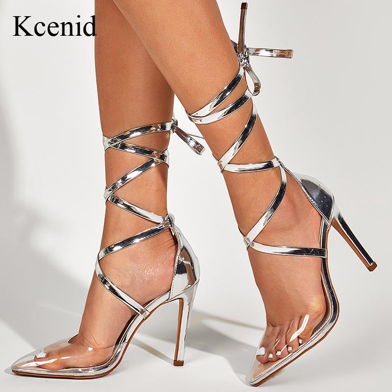 

Kcenid High Heel Sandals Sexy Pointed Toe Transparent Shoes Women Party Dress Evening Heeled Ankle Strap Ladies, Black