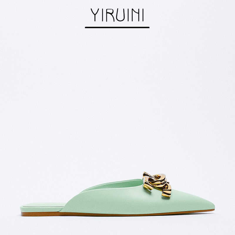 

2021 ZA New Products Slippers Women Metal Buckle Decoration Flat Sole Elegant Temperament Mules H0827, Blue