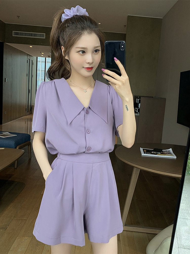 

Women' Tracksuits Small child god suit purple short-sleeved doll collar shirt with wide-leg shorts two-piece tide EVOU, Black
