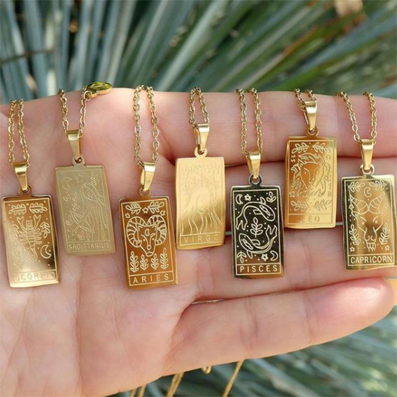 

Pendant Necklaces 2022 Vintage 12 Constellations Tarot Necklace Gold Stainless Steel Square Zodiac Sign For Women Jewelry