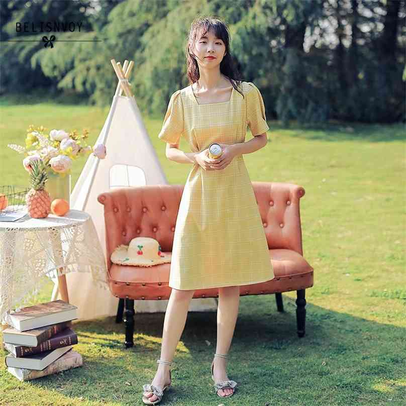 

A-Line Vintage Dresses Sales Woman Summer Puff Sleeve Cute Sweet Korea Japan Style Design lattice Plaid Dress Party Wear 210520, Yellow