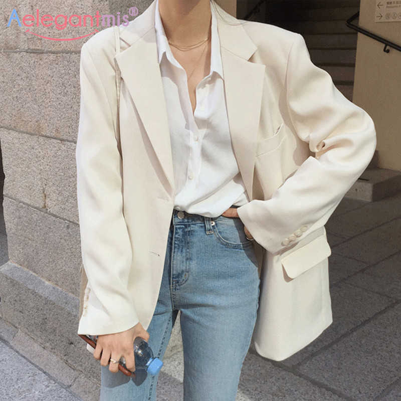 

Aelegantmis Loose Single Breasted Women Casual Blazer Office Lady Long Sleeve Blazers Jacket Ladies Stylish Outerwear White 210607, Beige